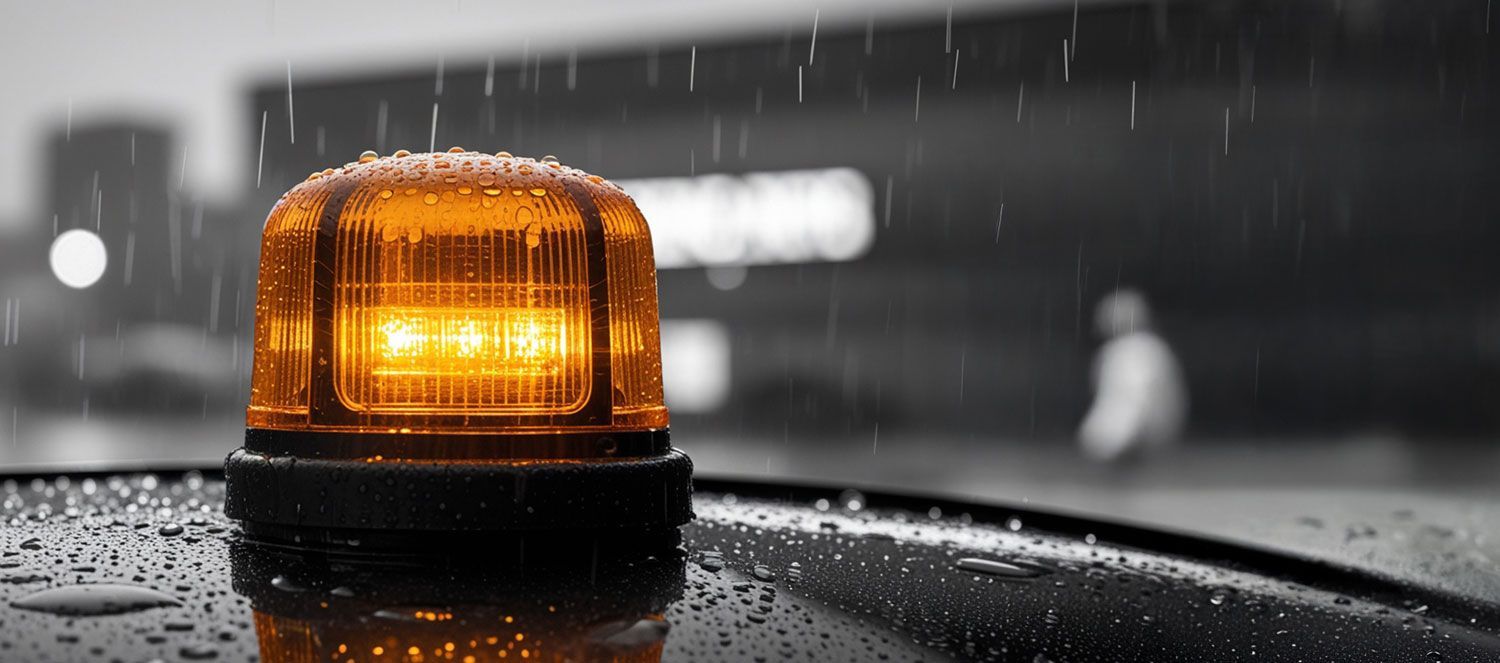 In the rain, a car's yellow light glows, indicating a rapid response maintenance system in Melbourne and Sydney.