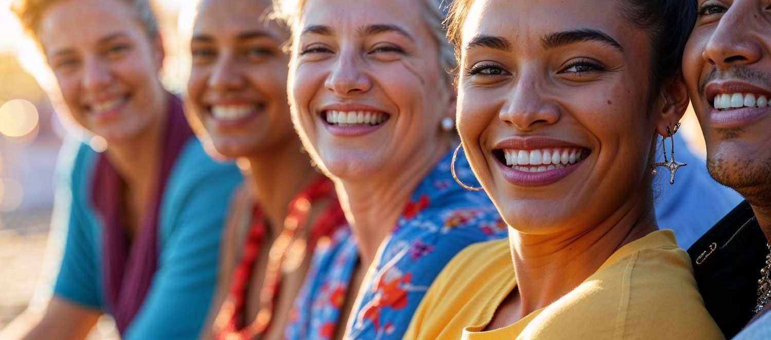 A group of people are sitting in a row and smiling for the camera.