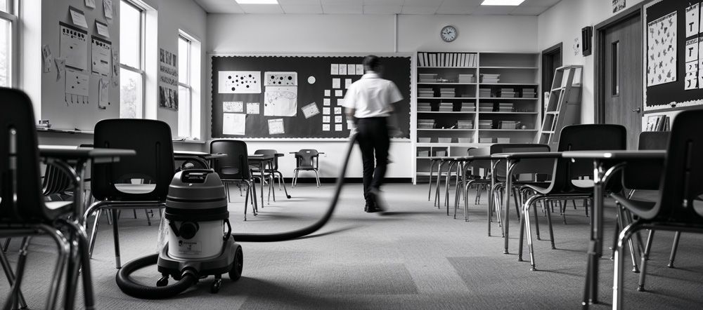 A man is cleaning a classroom with a vacuum cleaner.