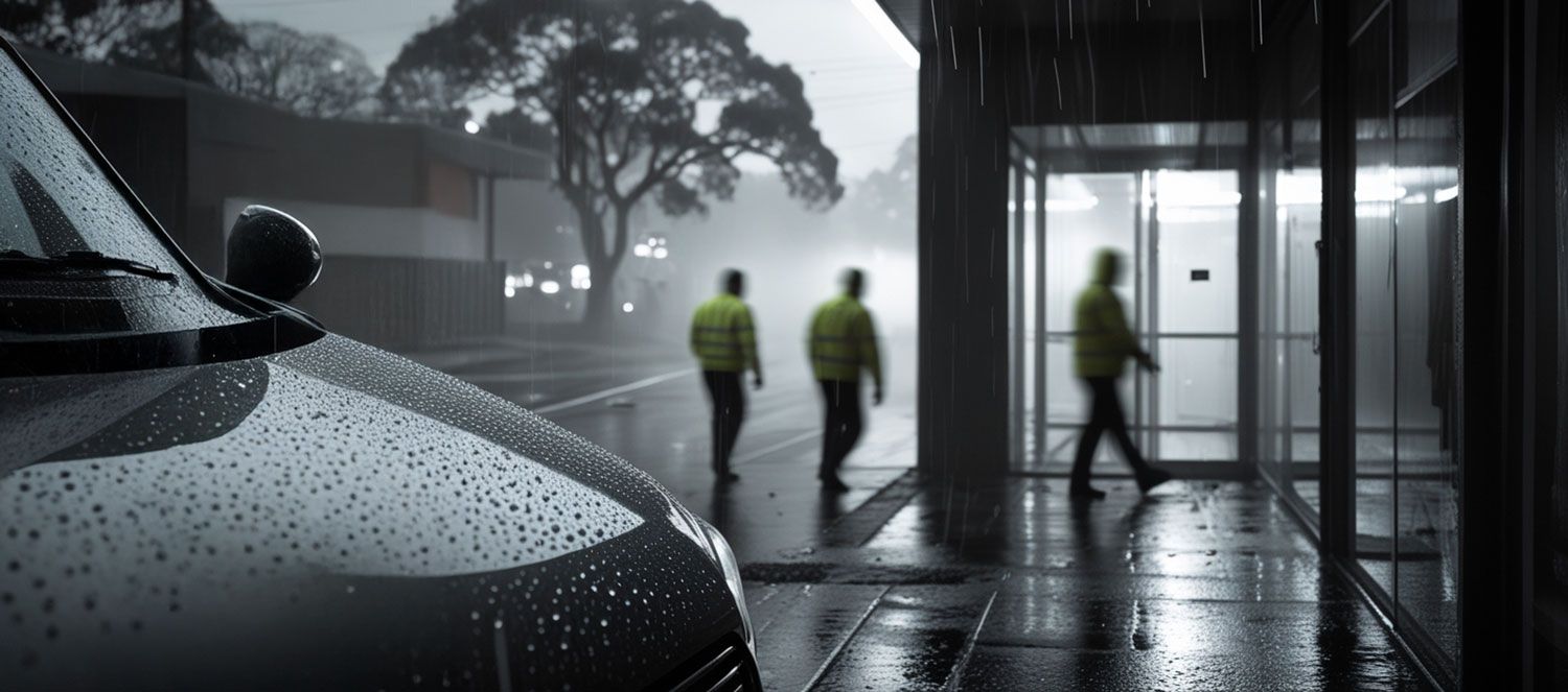 A parked car in the rain with pedestrians, illustrating the SSX group’s integrated maintenance services.