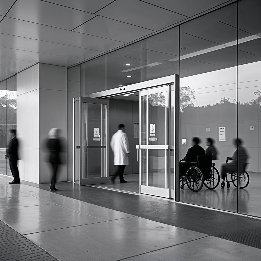 A man in a lab coat is entering into the hospital through a glass door next to a woman in a wheelchair.