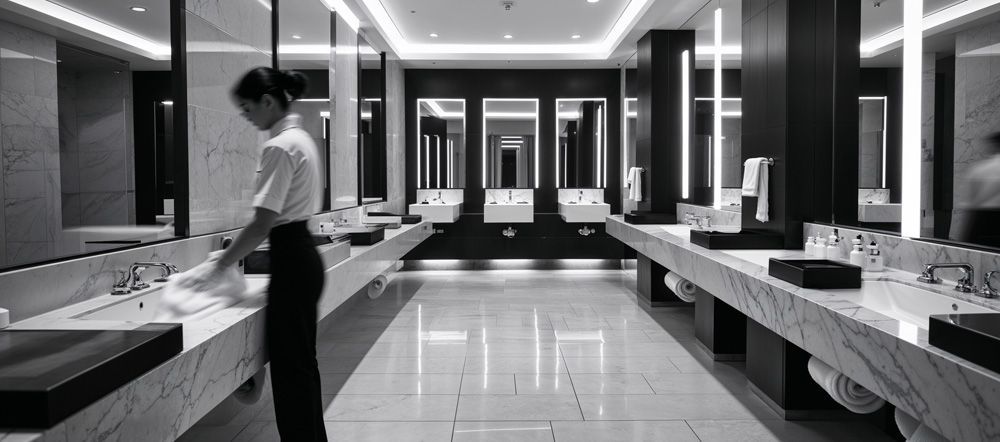 A woman is washing her hands in a public restroom.