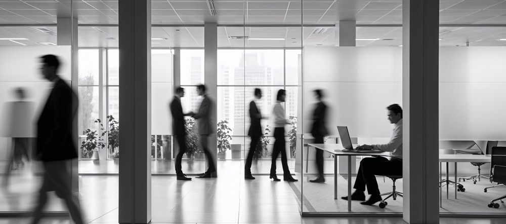 A group of people are standing in an office talking to each other.