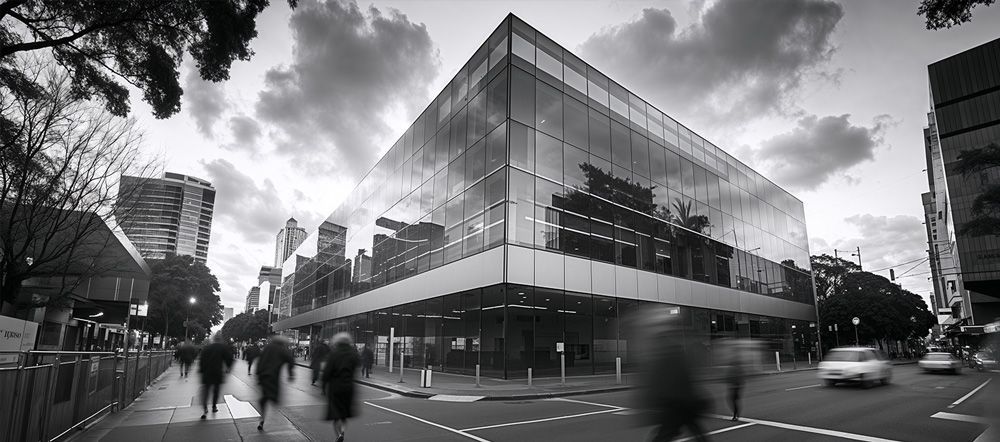 People walking down a city street in front of a large building.