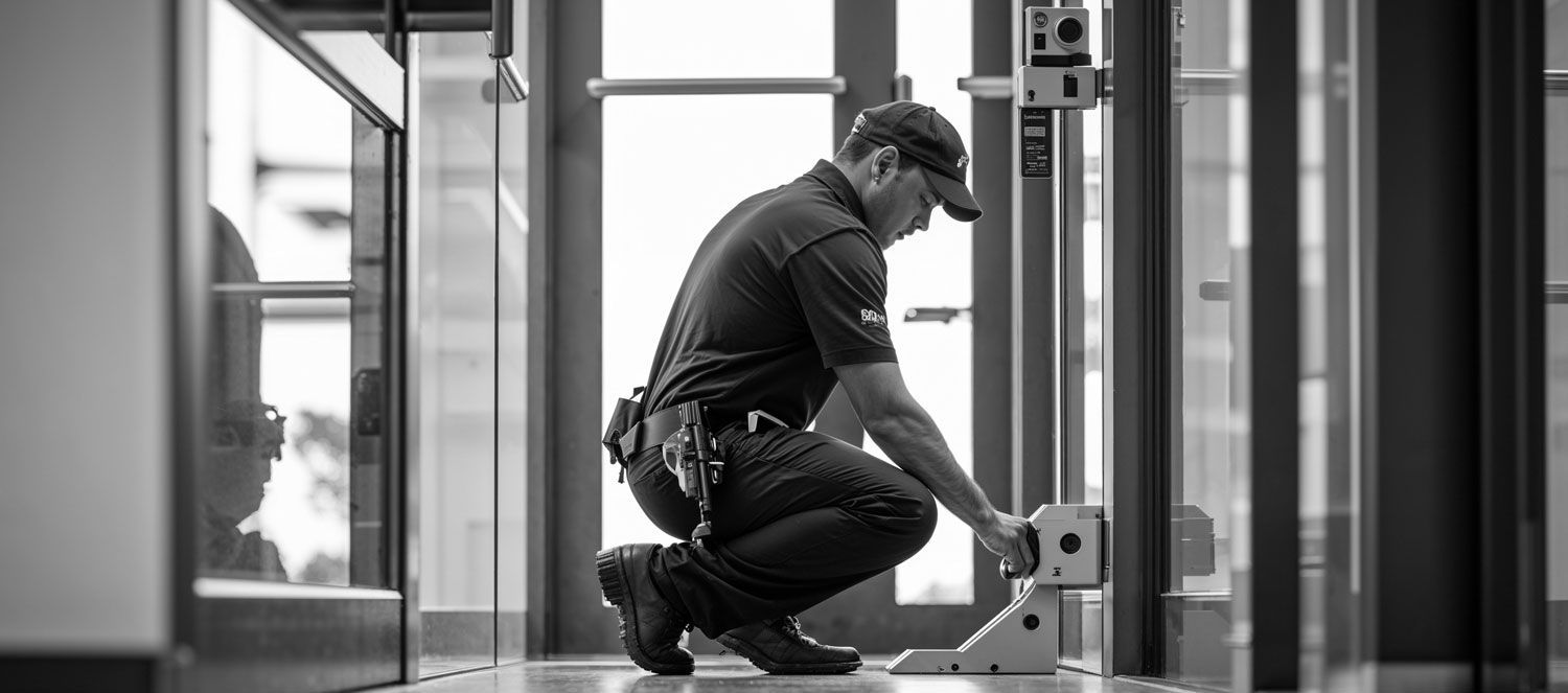 A black and white photo of a man kneeling down in front of a door.