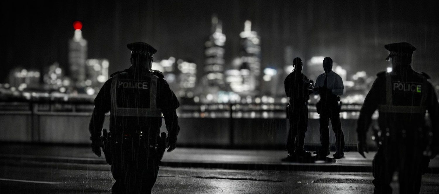 A group of police officers are standing in front of a city skyline at night.