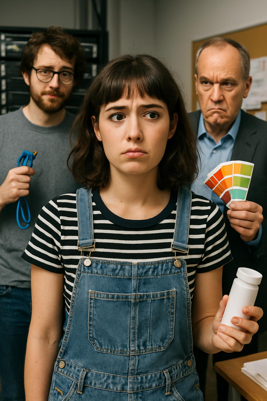 A woman in overalls looks worried, flanked by a man holding a cord and another holding a color palette.