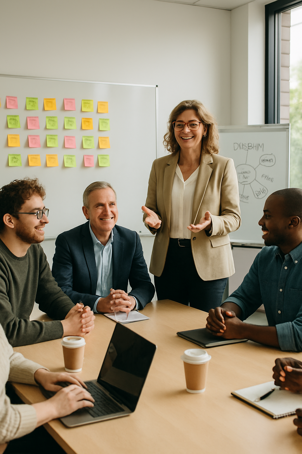 Group meeting: woman presents, others listen at round table in office, sticky notes on white board.