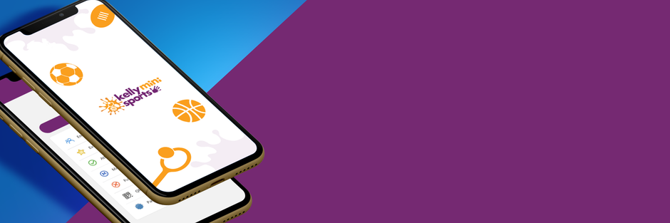 Two stacked smartphones displaying an app interface on a blue and purple background