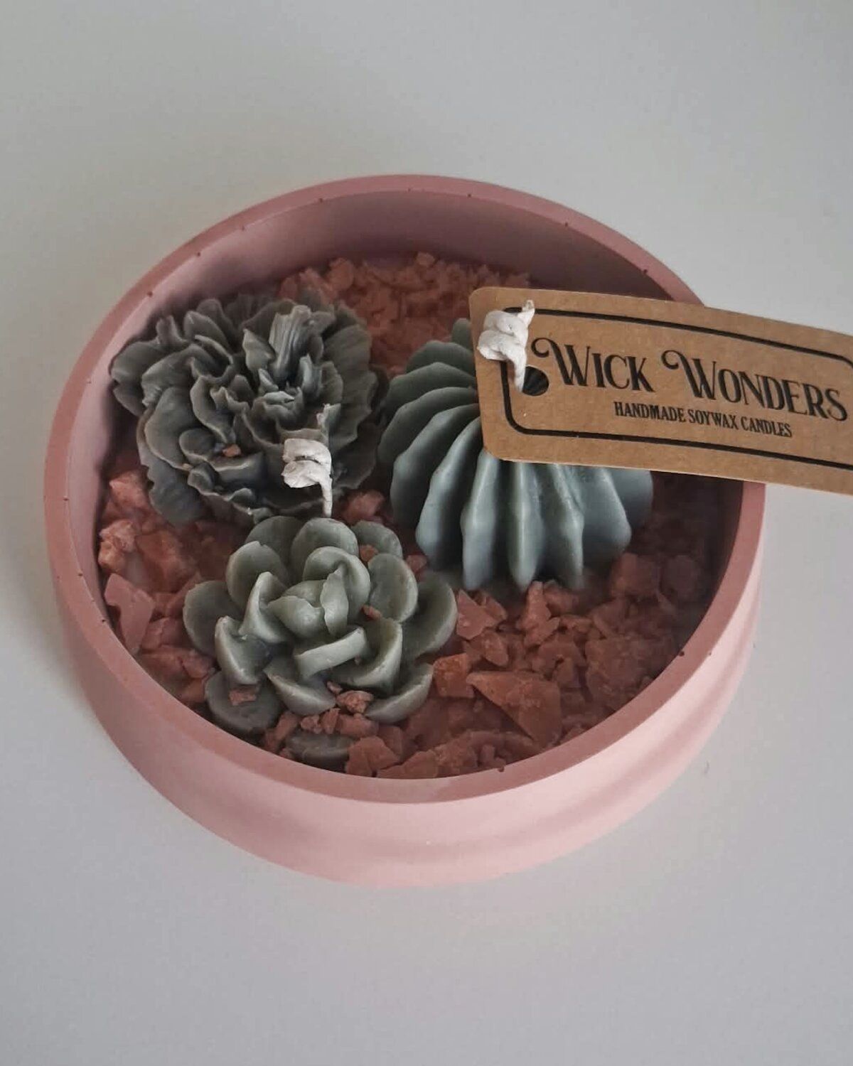 Roze kom met groene succulentkaarsen