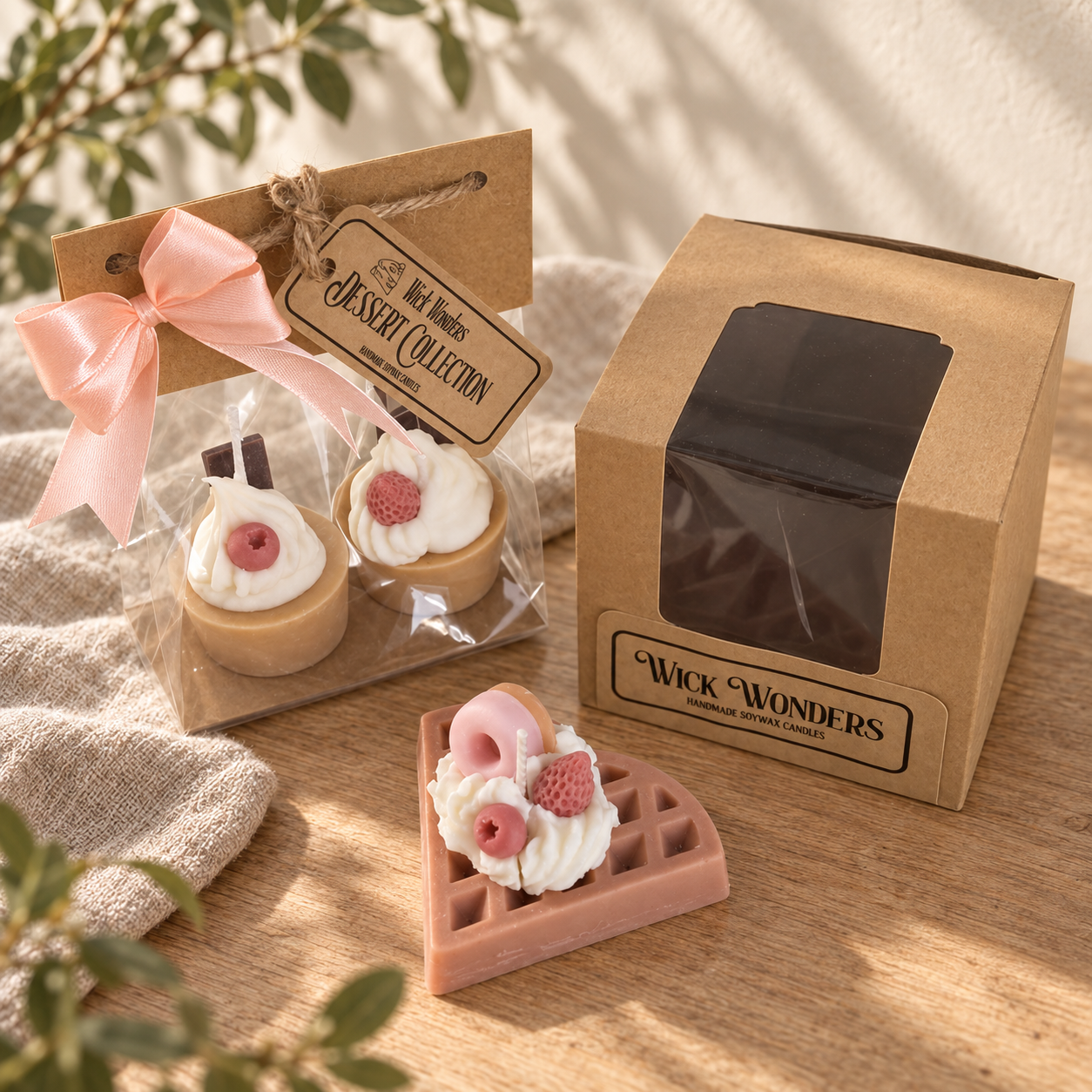 Wick Wonders-kaarsen in kraft cadeauverpakking met roze strik