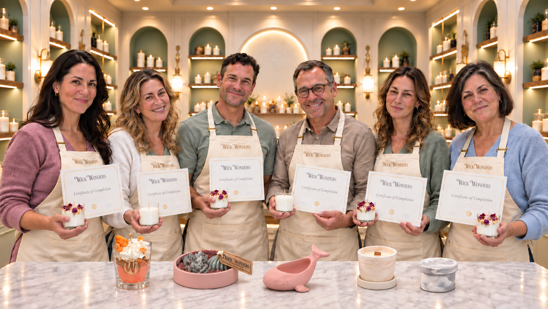 Wick Wonders-workshopdeelnemers met hun eigen kaars en certificaat
