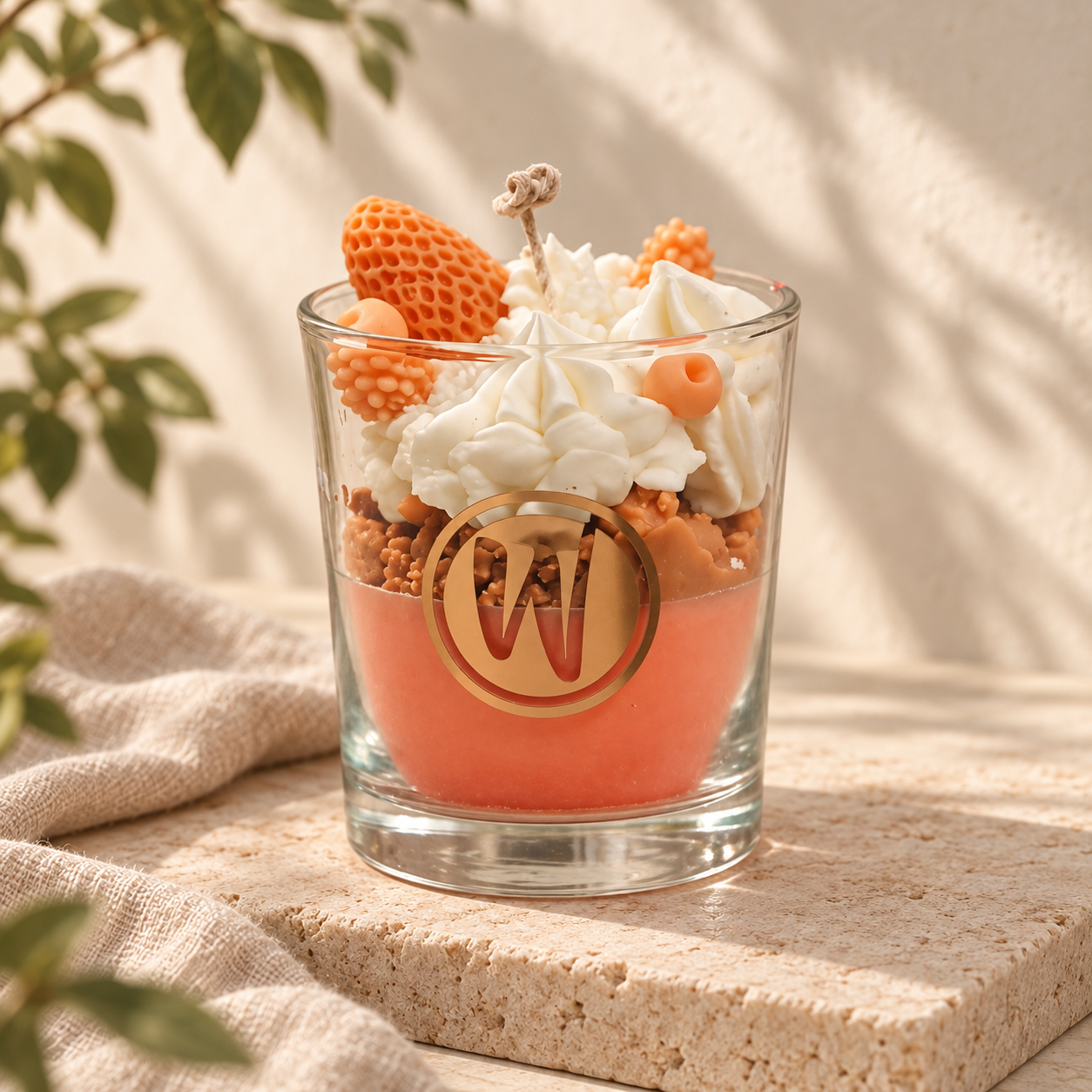 Parfaitkaars in een glas met goud W-logo