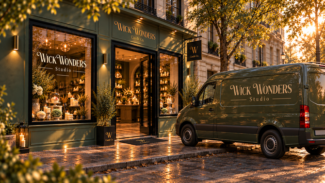 Wick Wonders Studio: winkelpresentatie en bedrijfsbus met belettering in de huisstijl
