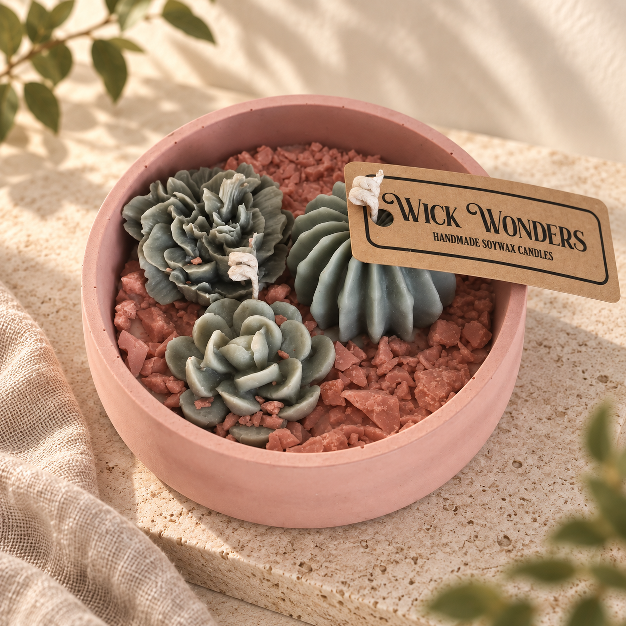 Roze kom met groene succulentkaarsen