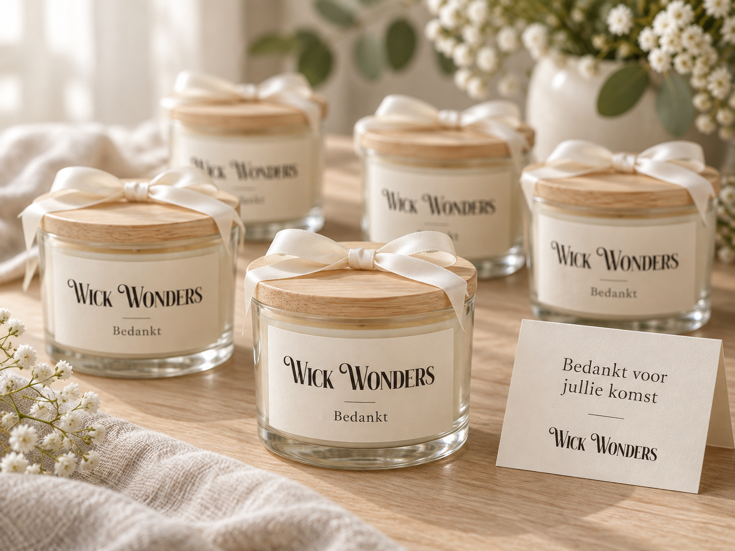 Wick Wonders-trouwbedankjes: glazen kaarsenpotjes met houten deksels, ivoorkleurige strikken en een bedankkaartje
