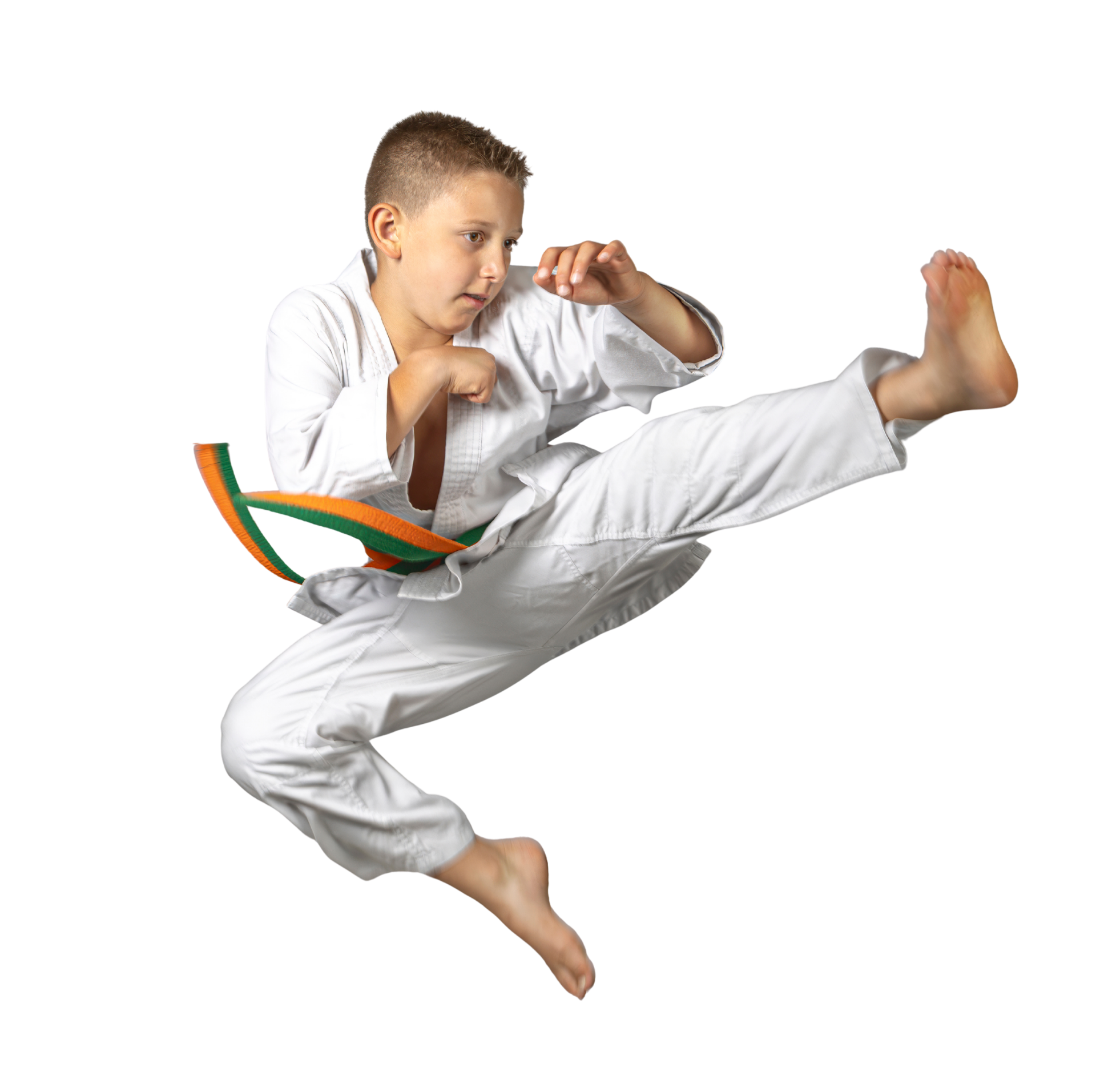 Child in white martial arts uniform performing a flying kick on a white background