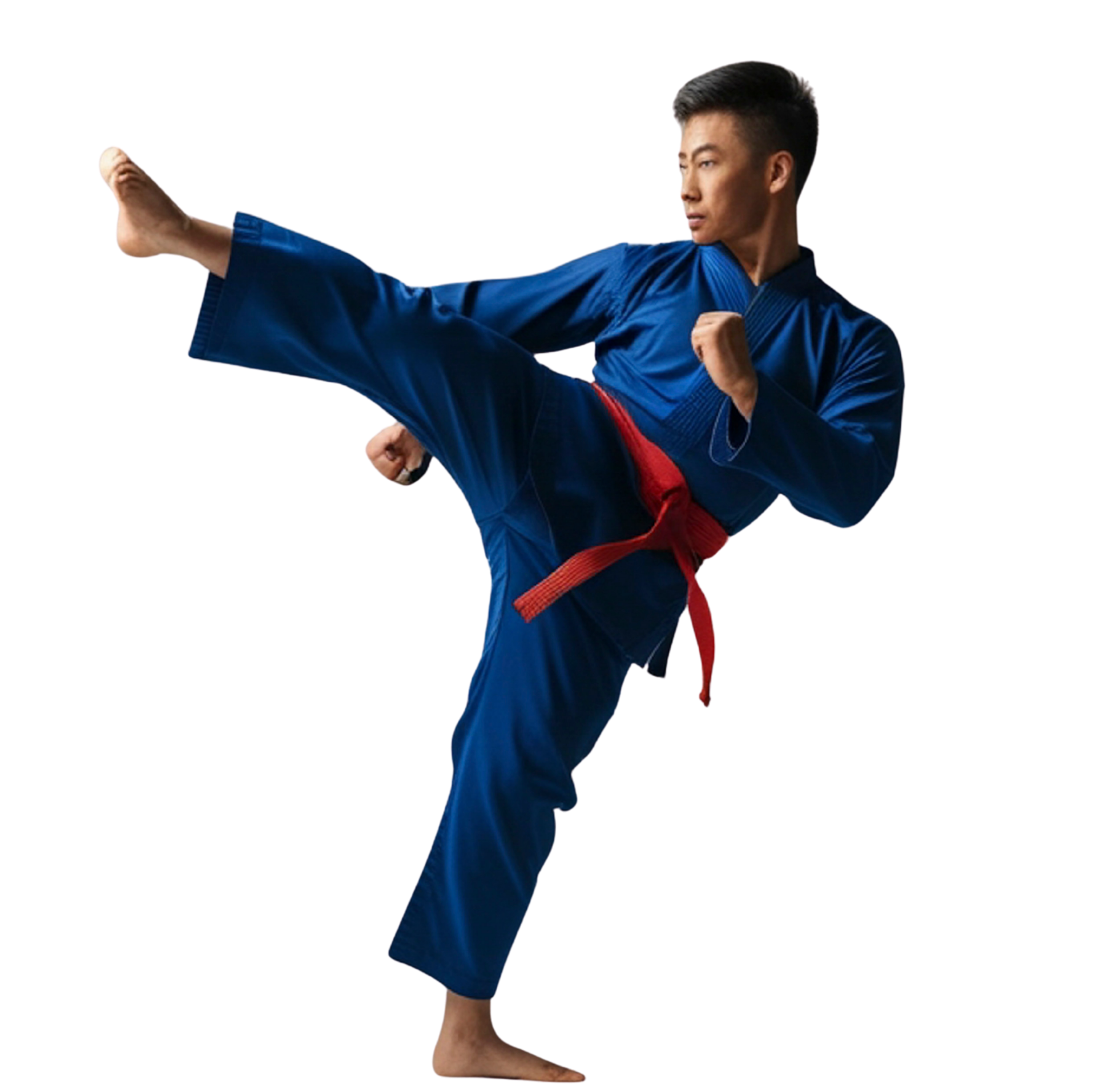 Martial artist in a blue gi with red belt performing a high kick against a white background