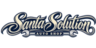 Santa Solution Auto Shop logo in navy script with white highlights