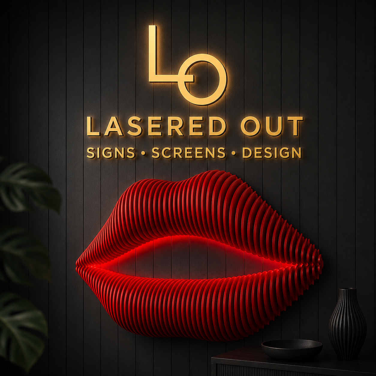 Lasered Out Logo in gold acrylic above bright red parametric art lips instalation