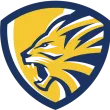 A yellow and blue lion emblem with its mouth open