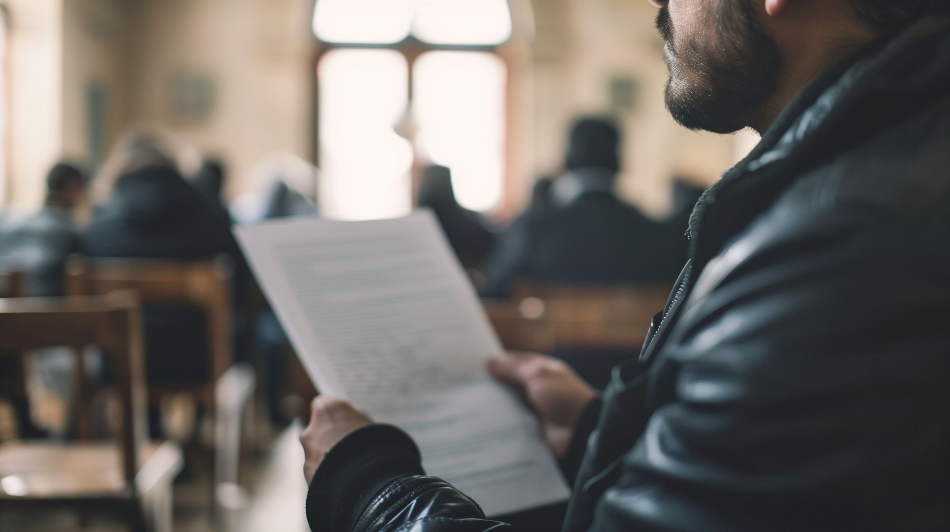 Man in a black leather jacket reading a paper in a church; blurred background of other people.