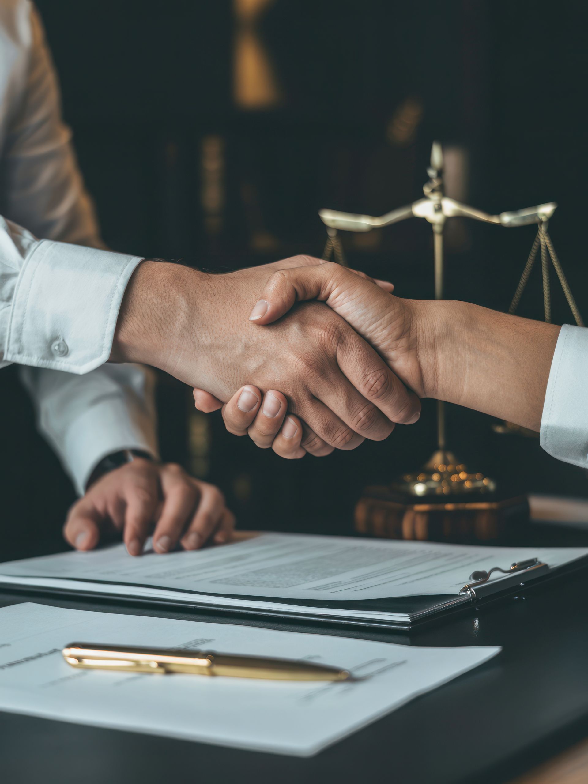 Two people shaking hands over a legal document; scales of justice in background.