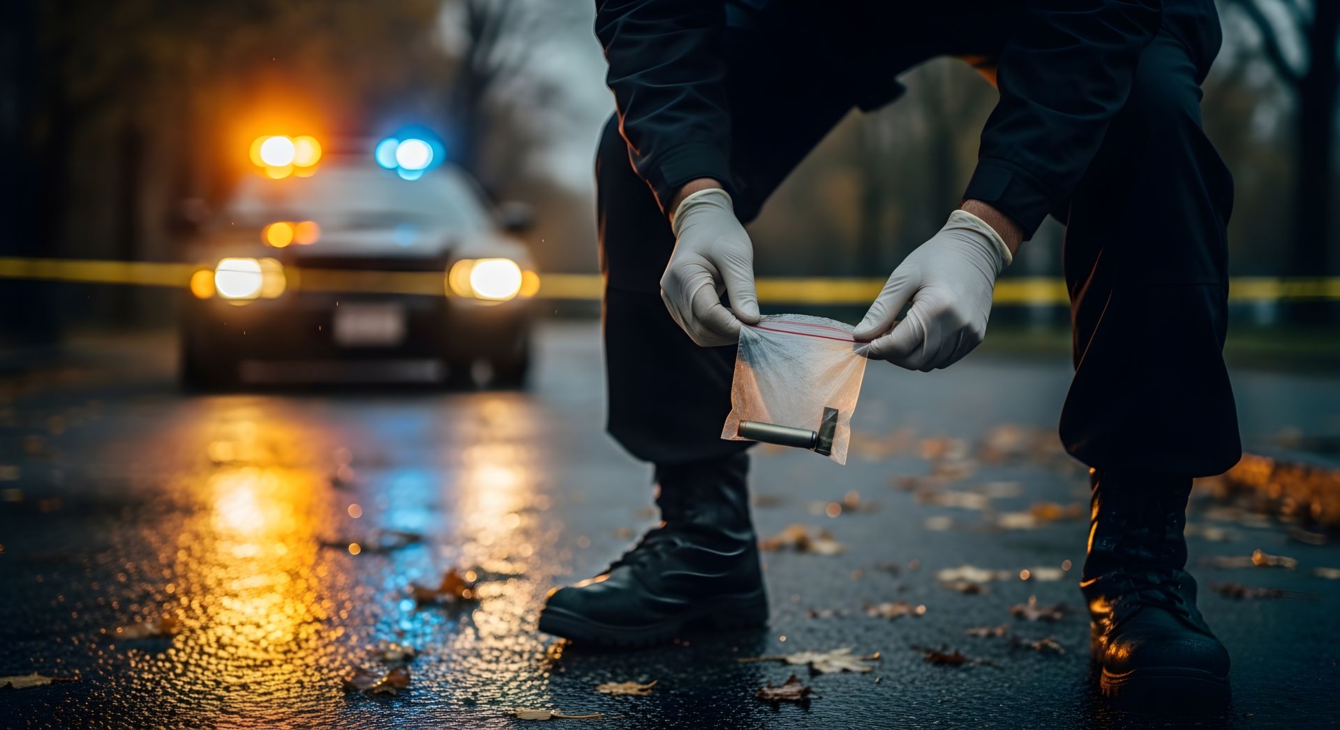 A detective in gloves examining evidence at a crime scene, police car with lights on in the background.
