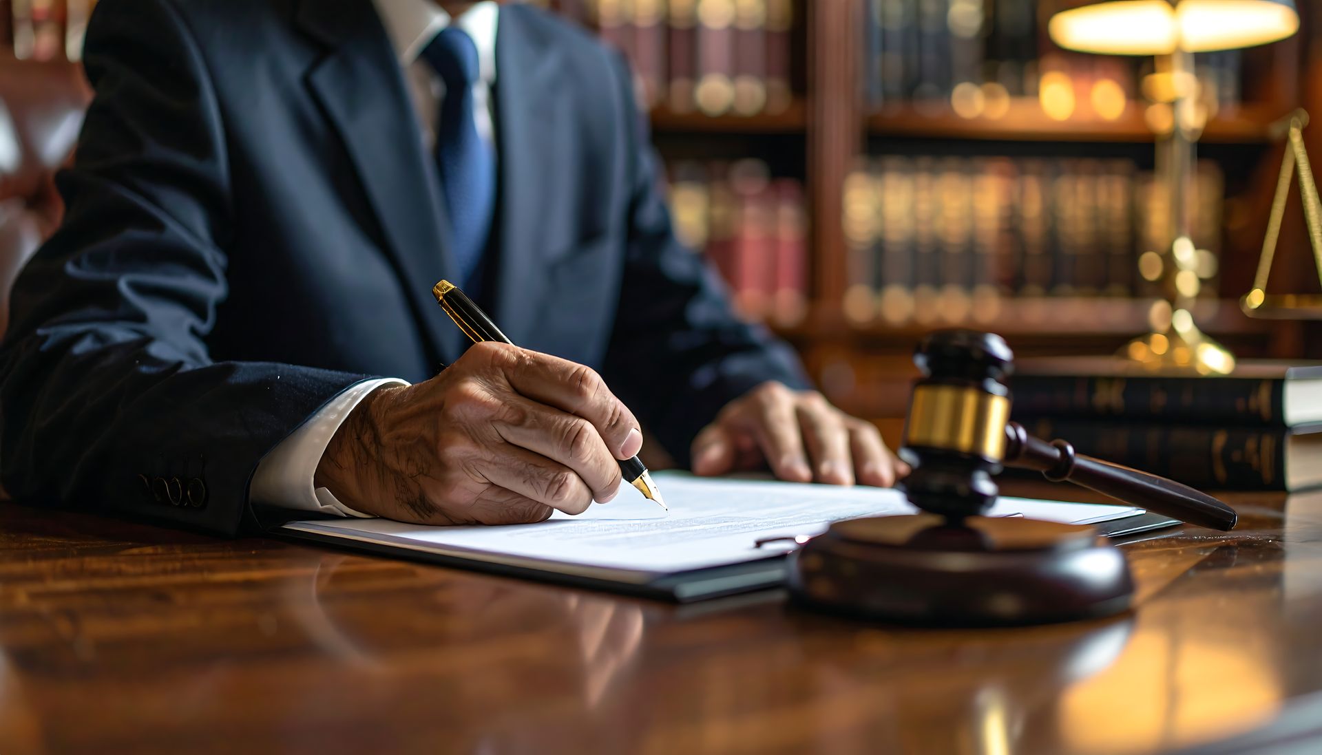 Lawyer in suit writing on paper at desk with gavel and law books.
