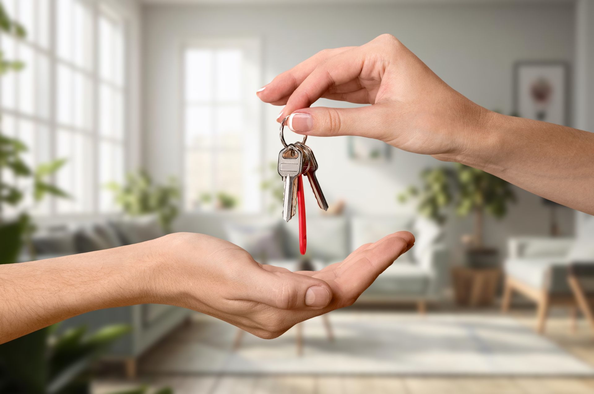 Two hands exchanging keys, a transfer of ownership, set in a bright, furnished living room.