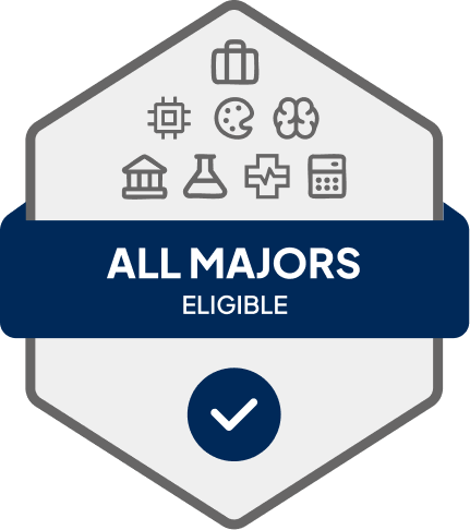 Badge with blue banner: 