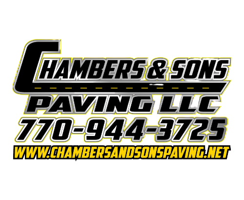 Chambers & Sons Paving LLC logo with black road graphic, yellow text, and phone number.
