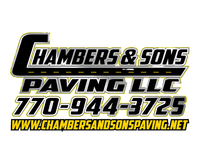 Chambers & Sons Paving LLC logo with black road graphic, yellow text, and phone number.