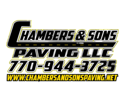 Chambers & Sons Paving LLC logo with black road graphic, yellow text, and phone number.