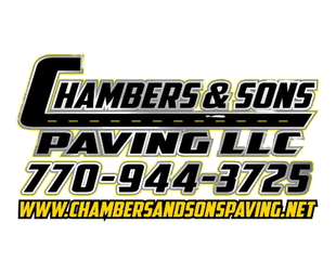 Chambers & Sons Paving LLC logo with black road graphic, yellow text, and phone number.