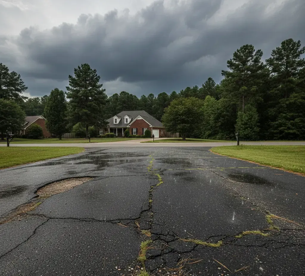 Cracked asphalt road reflecting rain. Houses and trees under a stormy, cloudy sky.