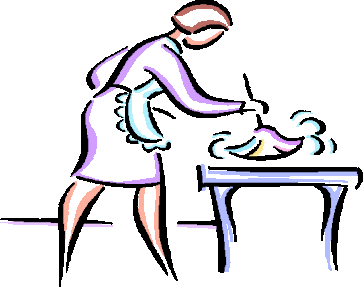 Woman dusting a table with a feather duster.