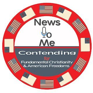 Logo with a red circle, American flags, and text