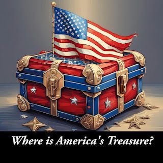 A red, blue, and gold treasure chest with an American flag on top, with stars scattered around it.