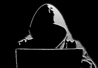 A drawing of a person in a hood holding a sign