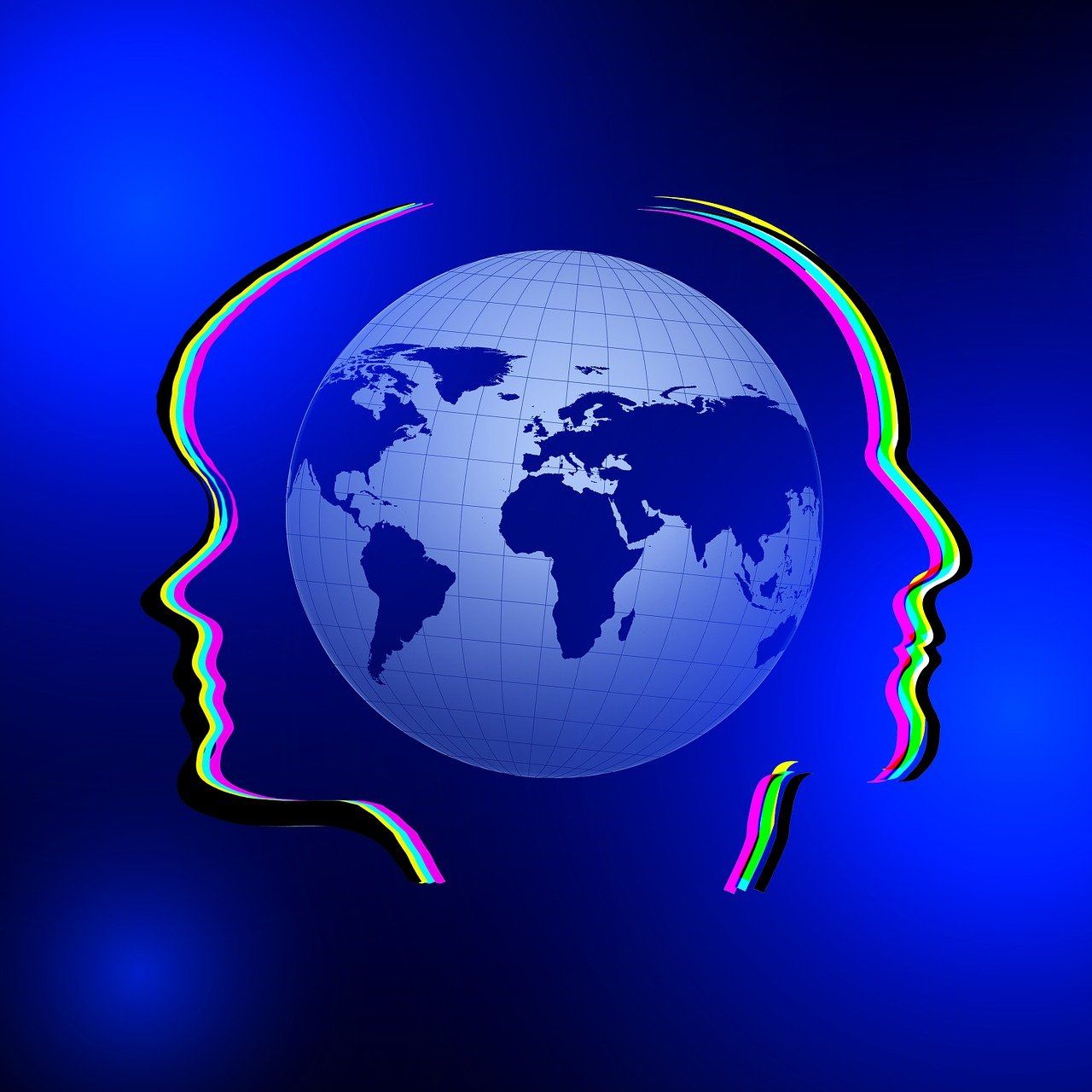 Two heads with a globe in the middle on a blue background