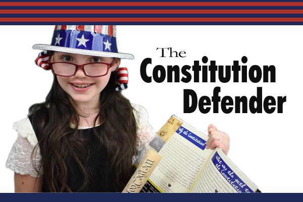 Girl wearing a patriotic hat and glasses, holding a newspaper, titled 