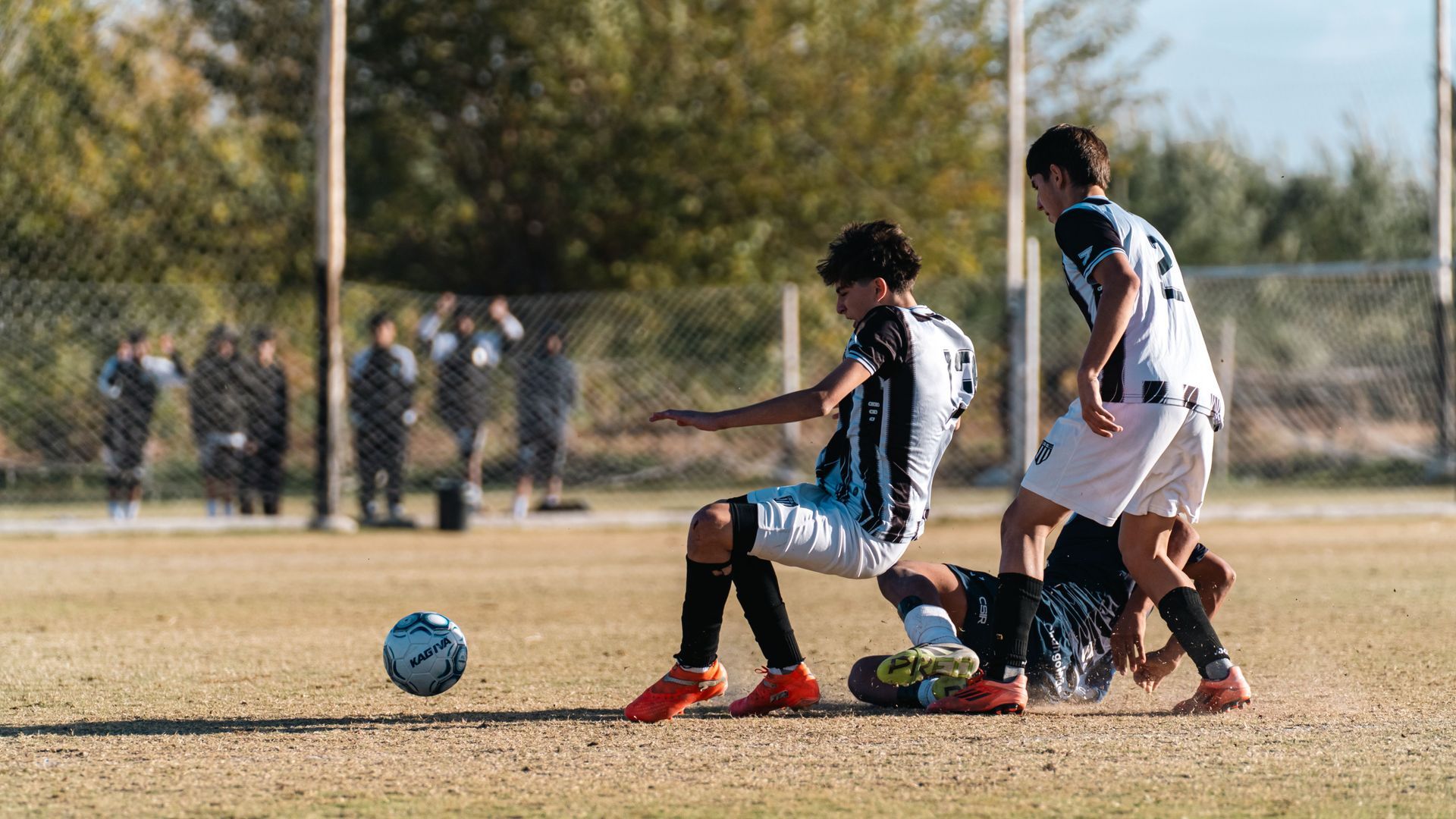 Soccer player in blue and red uniform sits on field holding a ball, with teammates blurred in the background