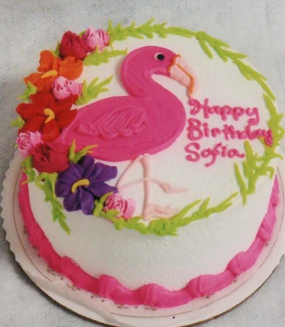 A birthday cake for sofia with a flamingo on it