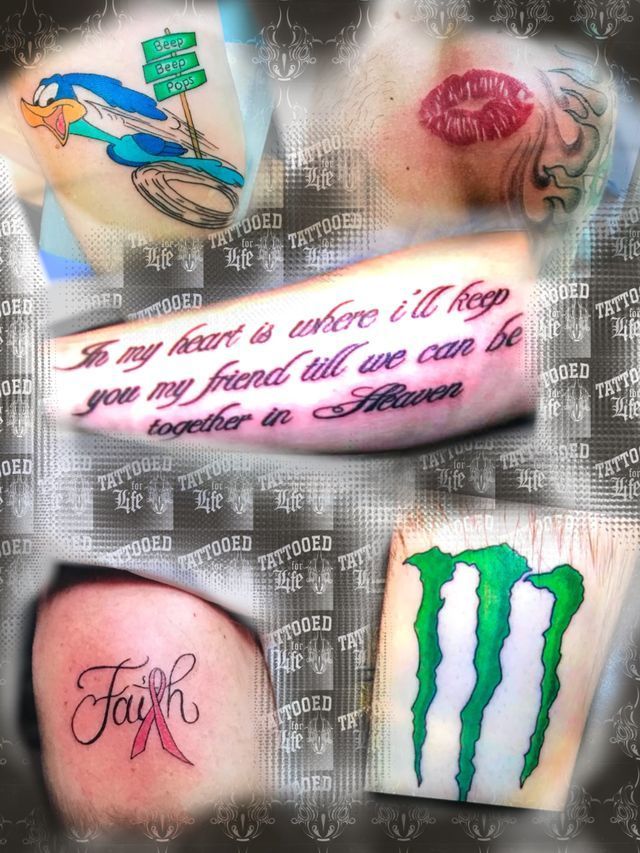 A collage of tattoos including one that says faith