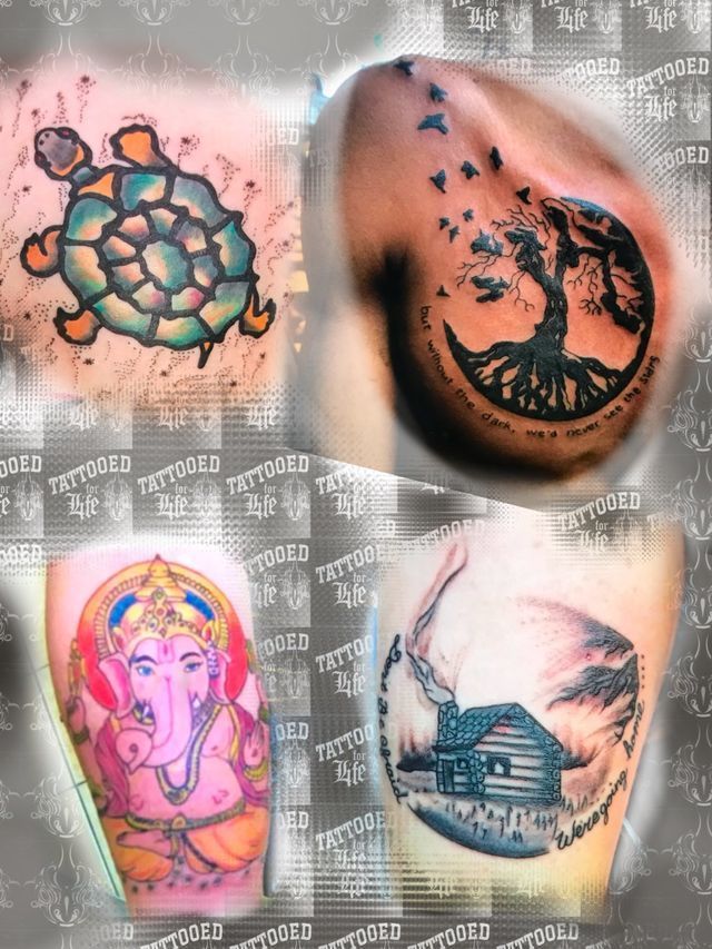 A collage of three different tattoos on a person 's body.