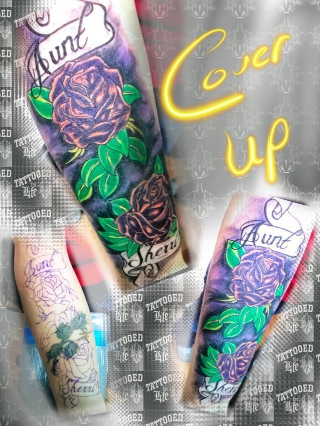 A picture of a tattoo on a person 's arm that says cover up