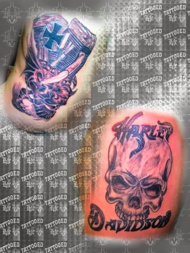 A harley davidson tattoo on a person 's arm