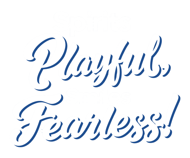 Blue cursive text reading “Playful, Fearless!”