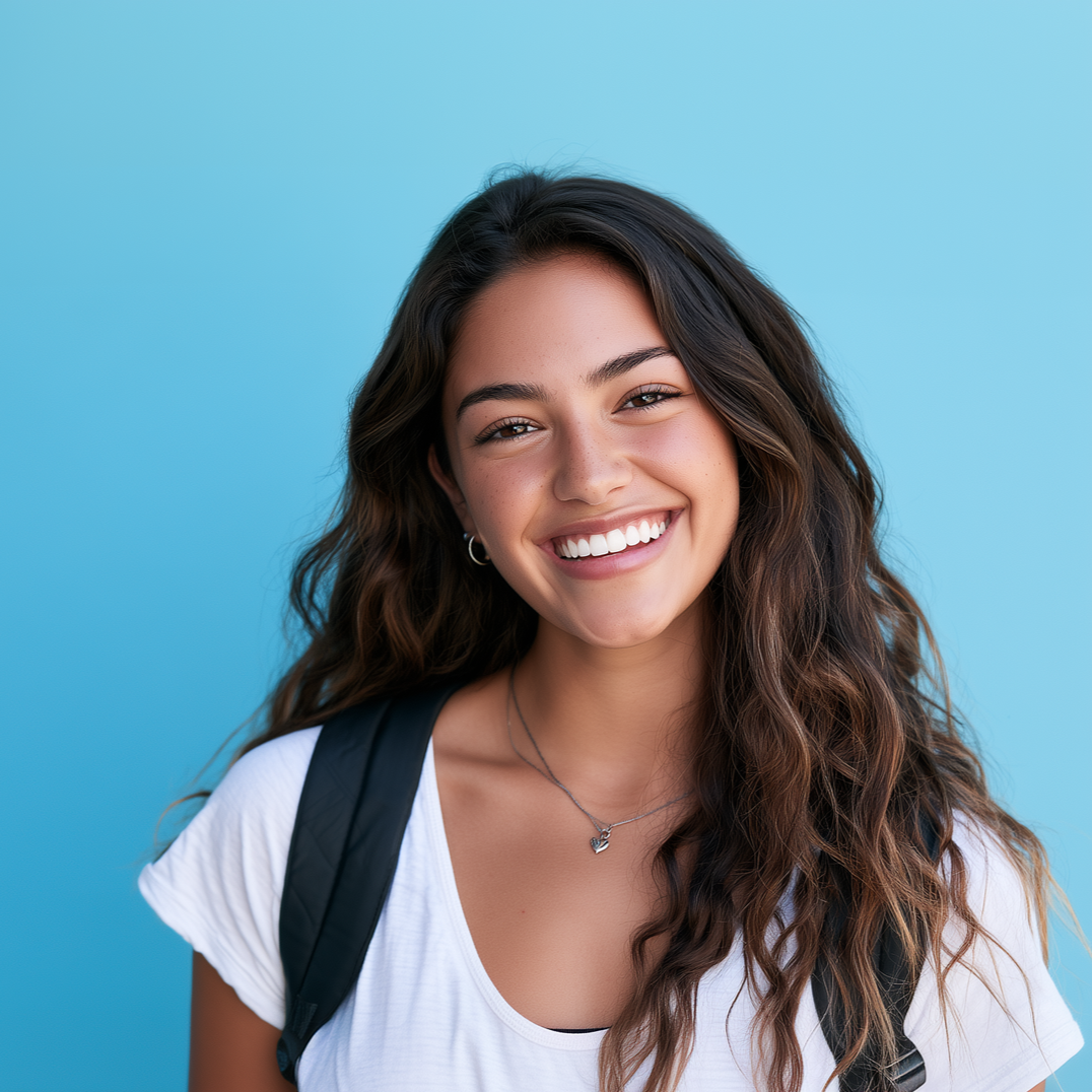 Smiling woman with long dark hair wearing a white shirt and backpack against a blue background